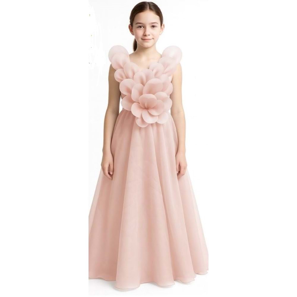 PORÇA pudra rengi abiye uzun elbise - PORÇA - PUDRA - 10 YAŞ - 3181-PUDRA-10 YAŞ