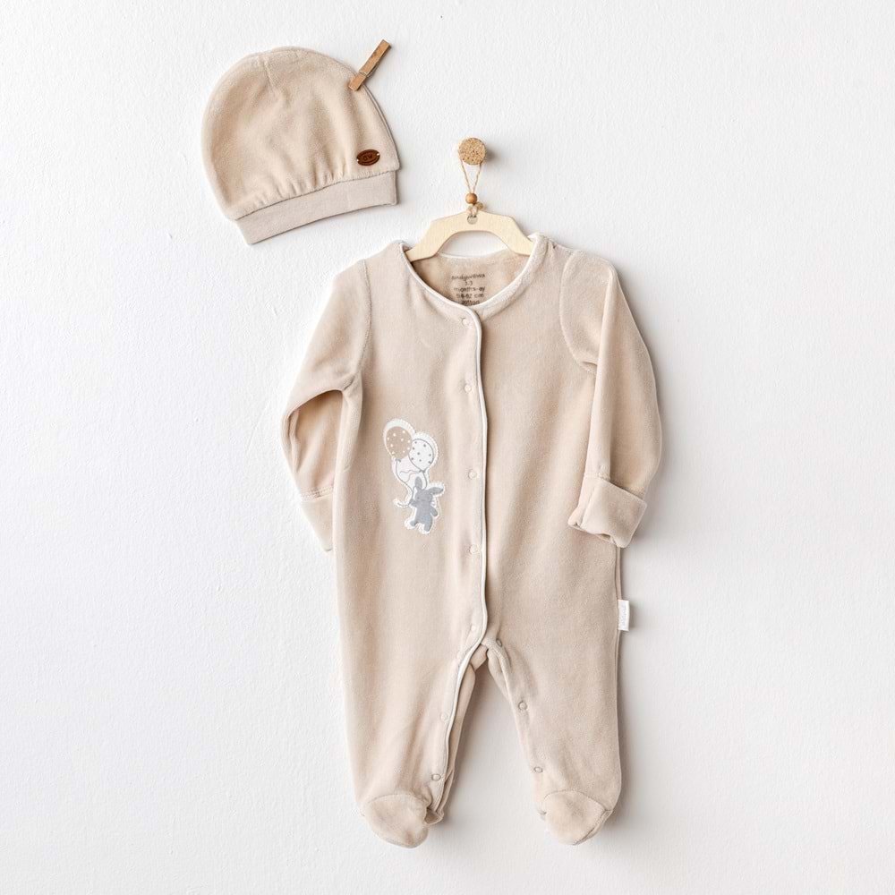 Andywawa Ecru Kadife Erkek bebek tulum ve bere takımı - Andywawa - ECRU - 6-9 AY - AC25064--ECRU-6-9 AY