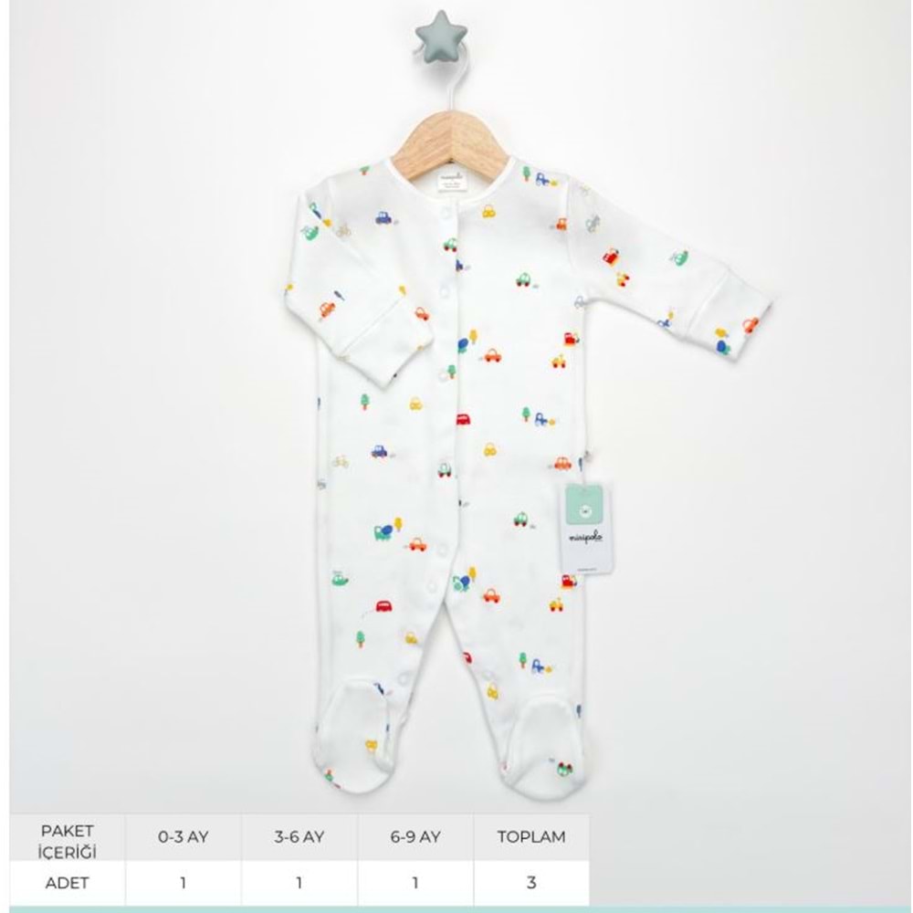 Erkek bebek arabalı beyaz pamuklu tulum - minipola - BEYAZ - 0-3 AY - E50008M-5W-BEYAZ-0-3 AY