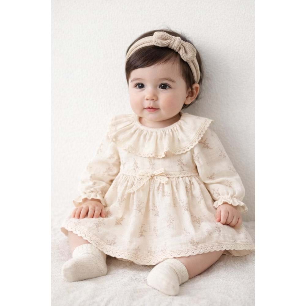 Wondress Kız Bebek Fırfır Yakalı Müslin Elbise - WONDRESS - BEJ - 9-AY - W1077-BEJ-9-AY