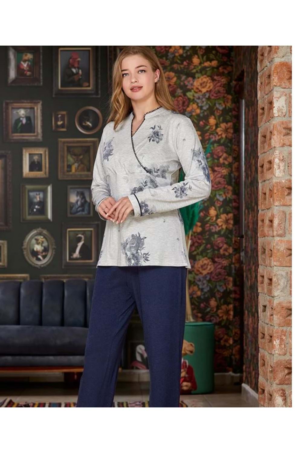 Aqua gri Desenli Bayan Pijama Takımı - AQUA - gri - 38