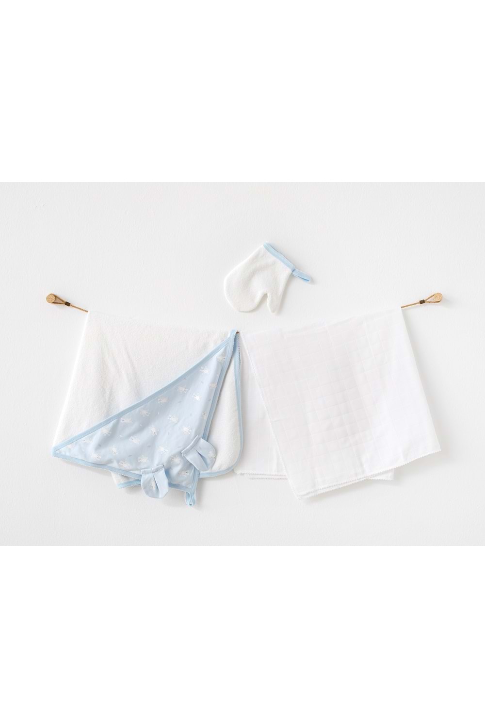 BEBEK HAVLU TAKIM 3PCS SET TOWEL MUSLIN SET BEYAZ MAVİ