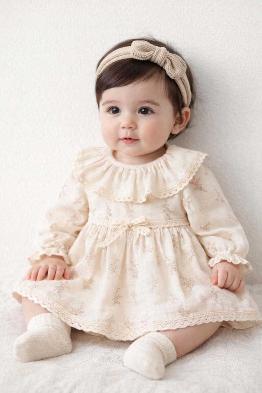 Wondress Kız Bebek Fırfır Yakalı Müslin Elbise - WONDRESS - BEJ - 24-AY - W1077-BEJ-24-AY