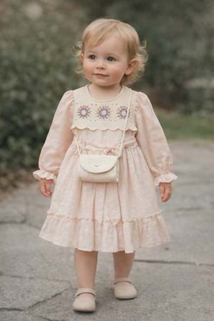 Kız çocuk pudra rengi elbise - WONDRESS - PUDRA - 3 YAŞ - 5960-PUDRA-3 YAŞ