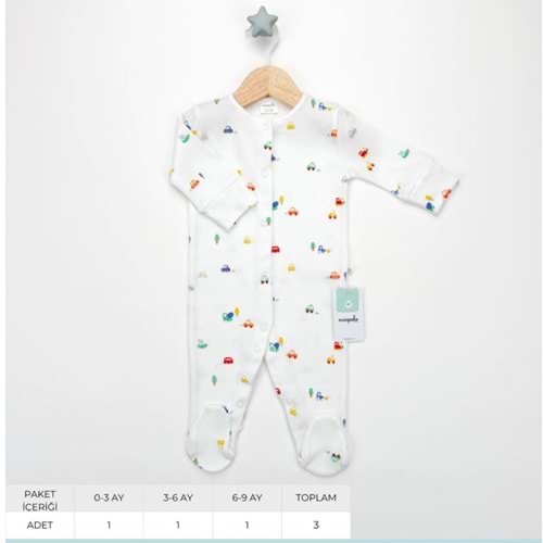 Erkek bebek arabalı beyaz pamuklu tulum