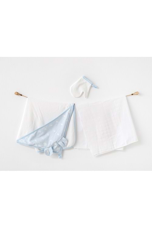 BEBEK HAVLU TAKIM 3PCS SET TOWEL MUSLIN SET BEYAZ MAVİ