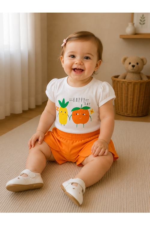 Çikoby Turuncu Kız Bebek Şortlu Takım