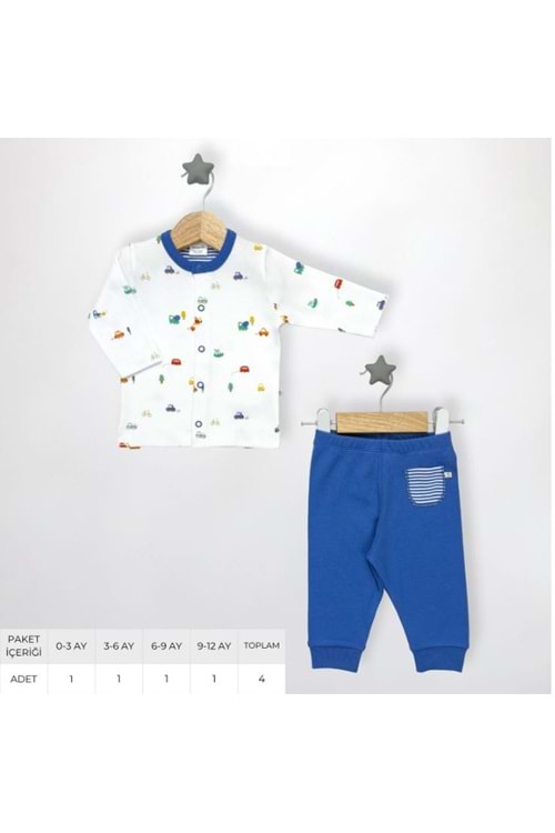 Erkek bebek pamuklu beyaz renkl i2li pijama takımı
