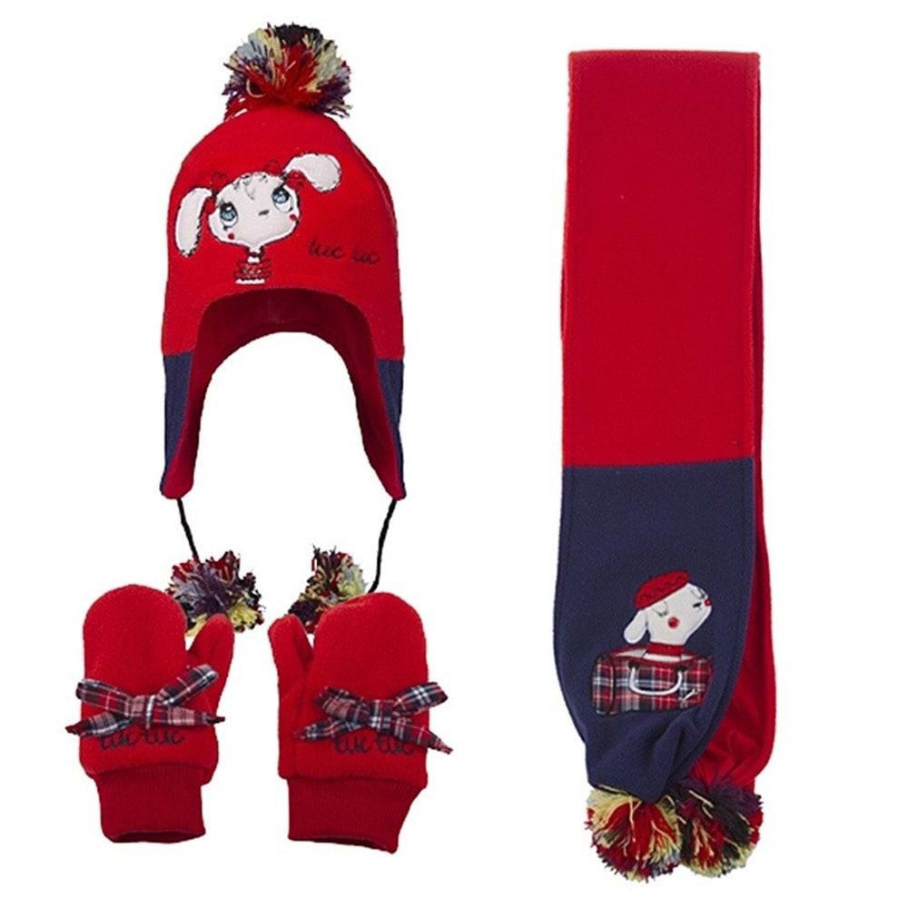 Tuc Tuc Kız çocuk Polar Bere takımı kırmızı 48 cm 6- 9 ay
